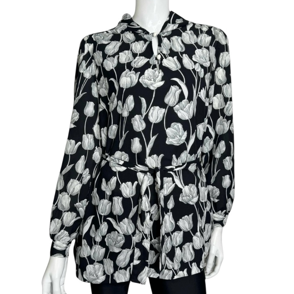 Alex Colman Sports Wear Vintage Floral Print Hood Long Sleeve Black White Tunic - Picture 4 of 13